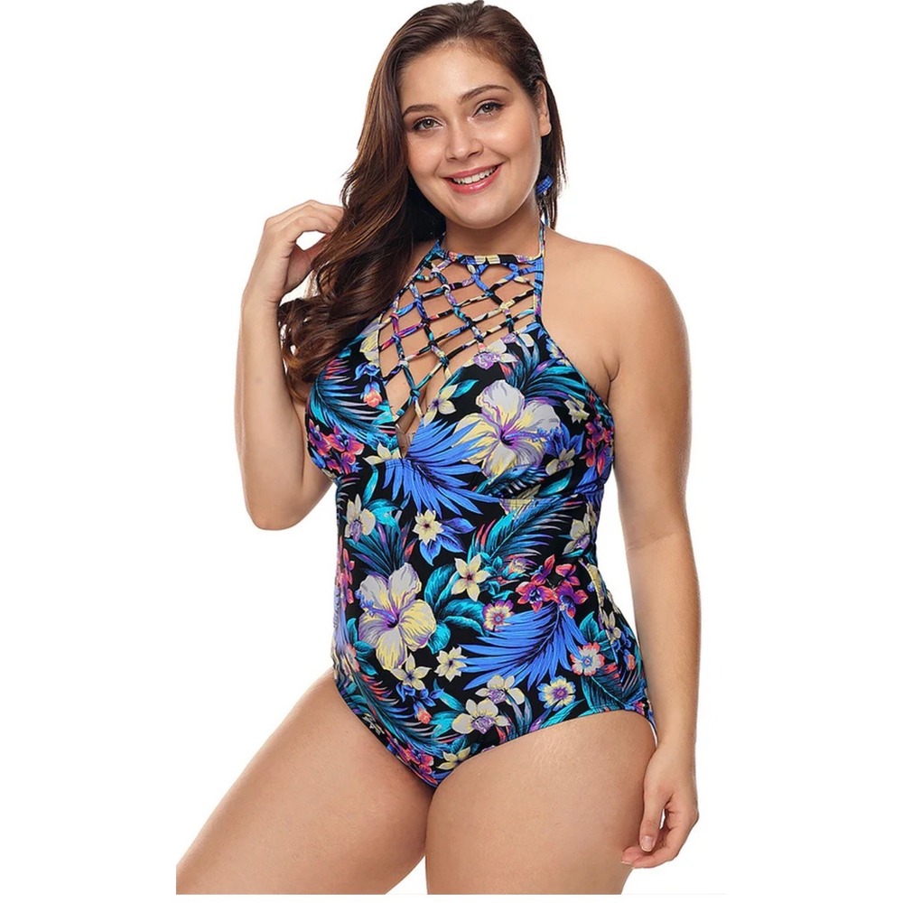 Tahiti Tropical  High Neck Lattice One Piece Swimsuit Blue Hibiscus Halter 2X